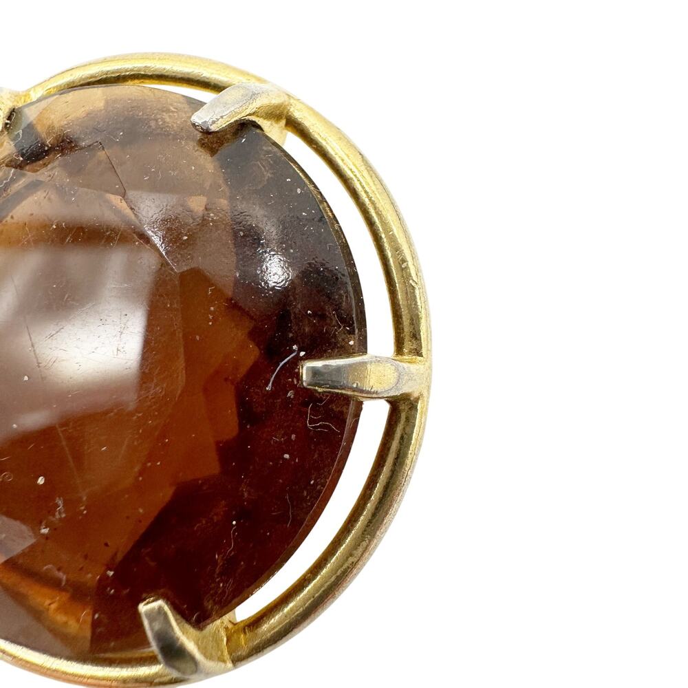 vintage gold metal & translucent brown stone BROOCH round jewelry pin - Picture 2 of 5